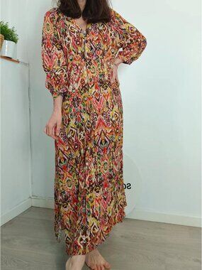 Zara ikat swirl caftan maxi dress side slit flowy boho colorful linen blend L